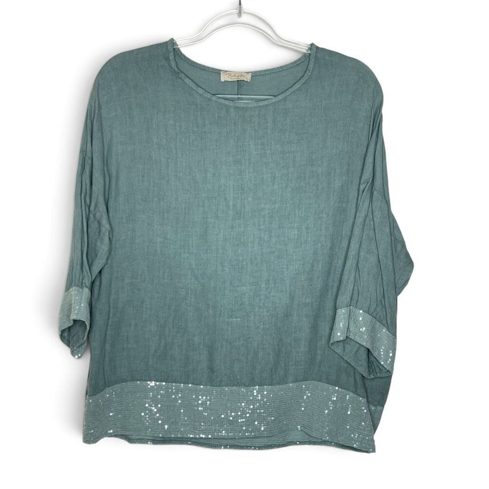 Bellambra Green Teal Linen Sequin Tunic Top Coastal 3/4 Sleeve Lagenlook Size S